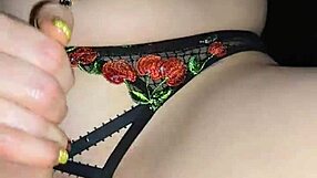 milf with big pussy lips and pierced nipples jerks hubby's cock then rides huge dildo in crotchless panties