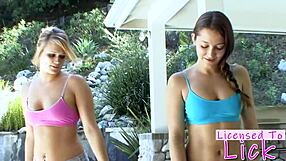 imagine cute curvy teens Heather Starlet and Dani Daniels licking shaved pussies outdoors yoga style