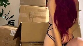 Redhead teen strips sexy then preps machine dildo in her mouth