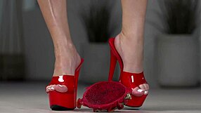 petite brunette crushes fruits barefoot then in high heels foot fetish tease