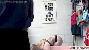 Skinny blonde teen shoplifter caught bent over by old mall cop rough