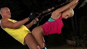 jizz-covered face after bizarre outdoor ho gulps golden shower