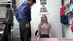 Skinny blonde teen shoplifter caught bent over by old mall cop rough