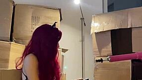 Redhead teen strips sexy then preps machine dildo in her mouth