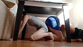 Hiding Under Desk Rubbing Pussies From Stepmom!