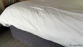 Stepmother spreads legs for son's anal assfucking on hotel bed while caught spying and masturbating