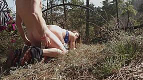 French milf slut takes cum in mouth after doggystyle pounding bent over outdoors