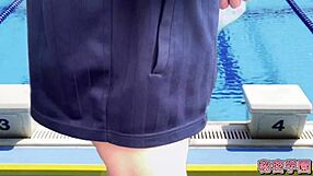 Crossdressing slut ejaculates in women's swimsuit masturbation