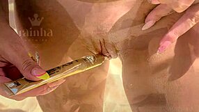 rainha hotwife naked on nudist beach tests liquid gel vibrator deep