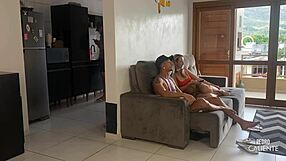 husband cooks in kitchen as wife rides friend's big cock in living room