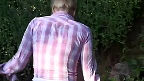 hey, this sexy 18+ blonde teen lesbian is fingering her pussy outdoors so hot