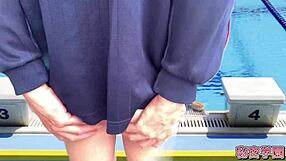 Crossdressing slut ejaculates in women's swimsuit masturbation