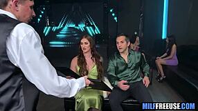 wife gets free use in ffm threesome blowjob fucking with husband at dinner!