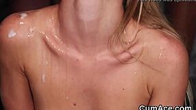 Nasty beauty face blasted with cum swallows every hot load