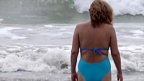 wife strips naked on beach flashing pussy urine to lure man for public fuck?