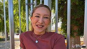 Blonde Mads Flores fingers pierced nipples flashes pussy masturbates blows cock on public hike POV