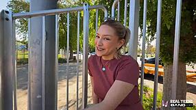 Blonde Mads Flores fingers pierced nipples flashes pussy masturbates blows cock on public hike POV