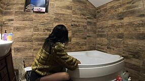 Milfycalla Pees In Bathtub Wearing Fur Coat And Pantyhose