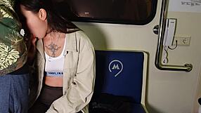 Brunette Sucks Big Cock Then Fucks Monster Dick in Public Train Car Close-Up