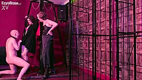 Chained succubus femdom licks submissive's shaved pussy in bondage cage
