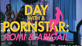 Pornstars Romi Rain and Abigail Mac strip lingerie for group boob play