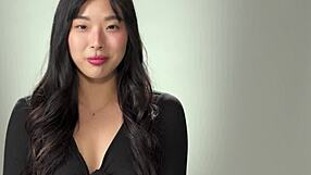 Korean babe Elle Lee fingers hairy pussy to full orgasm after podcast