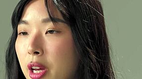 Korean babe Elle Lee fingers hairy pussy to full orgasm after podcast