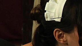 lesbian slave drops to knees in lingerie before her dominant madame begs for mercy