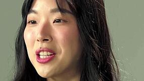 Korean babe Elle Lee fingers hairy pussy to full orgasm after podcast