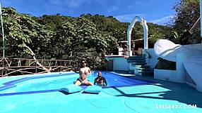 hey tattooed latina with big pussy lips fingers sloppy by pool then takes monster cock doggy