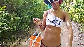 wanna see this hairy thong babe jog topless flashing pussy armpits feet in forest?
