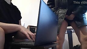 secretary fingers pussy riskily near oblivious office colleague