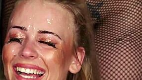 hey cutie, this flirty bimbo bombshell slurps cum swapping loads in wild bukkake blowbang!