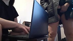 secretary fingers pussy riskily near oblivious office colleague