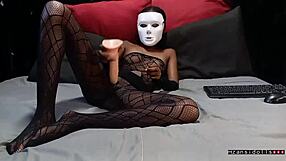 18yo skinny ebony teen slut vibrates wet tight pussy in fishnets before old cock pounds.