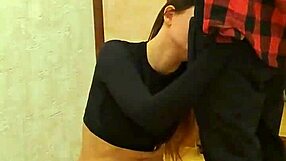 fit brunette gives slow deep blowjob perfect boobs then standing doggy pounding