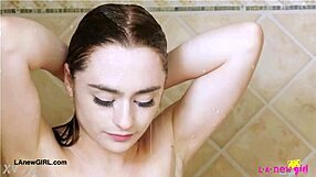 cute teen slut strips for shower but daddy's interview turns massage lesbian