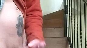 stroking my huge cock in apartment stands while neighbor chats garage below