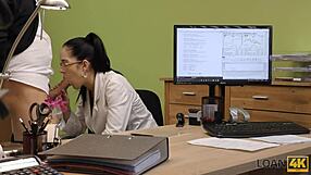 Loan4k. Sexy brunette hottie bends over doggystyle for cash after instrument interview.