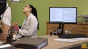 Loan4k. Sexy brunette hottie bends over doggystyle for cash after instrument interview.