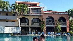 poolside couple dives into hotel room doggystyle with wet pussy pounding