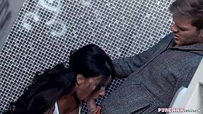 damn that hot brunette milf slurps cock then takes cumshot deep in toilet stall