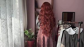 cute nerdy college bookworm strips lingerie in library cosplay