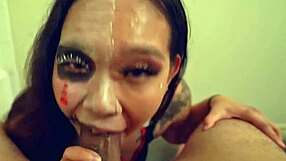 Curvy Asian in Halloween Cosplay Deepthroats Monster Cock Before Huge Facial Cumshot