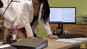 Loan4k. Sexy brunette hottie bends over doggystyle for cash after instrument interview.