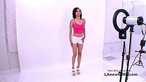 tiny brunette model spread wide getting fucked hard on sofa in audition