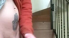 stroking my huge cock in apartment stands while neighbor chats garage below