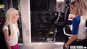 Busty blonde stepmom Jessa Rhodes pounds petite teen Piper Perri's pussy