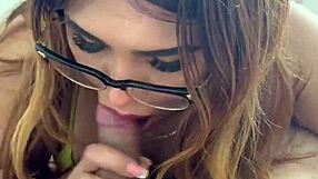 Latina beauty kneels closeup sucking amateur's cock with natural tits bouncing.