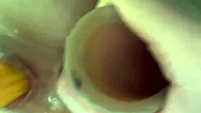 Homemade close-up anal double penetration with huge dildo stretches big ass wide